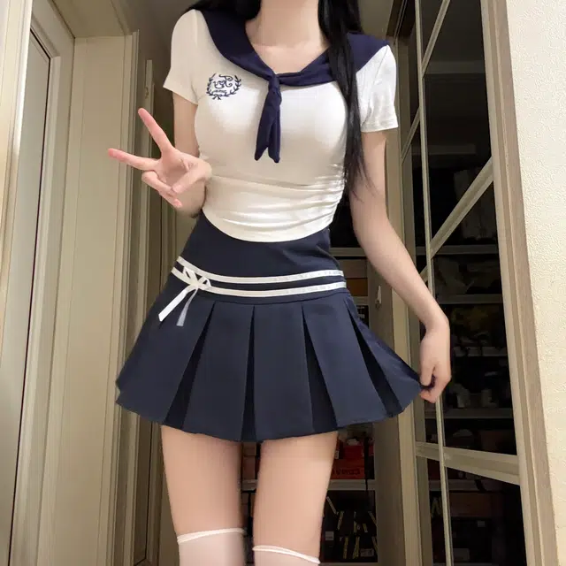 花山家的猫 学院风海军领刺绣短袖配高腰条纹裙制服 女款 藏青领白上衣/藏青百褶裙