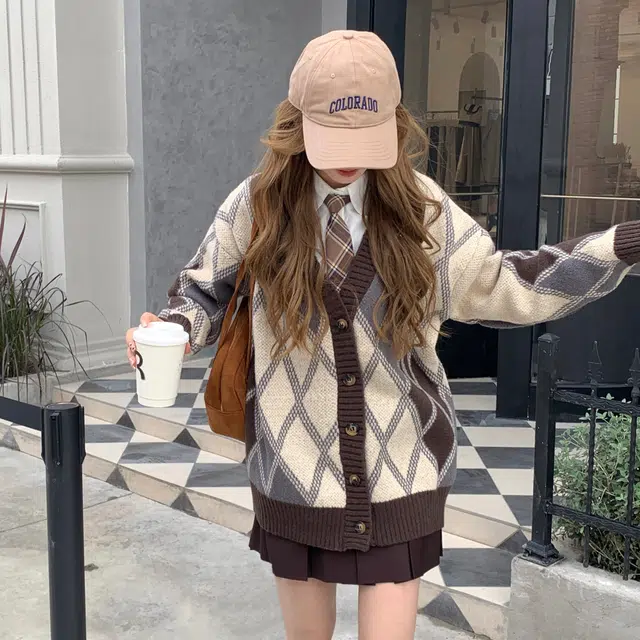 花山家的猫 排扣毛衣开衫长袖衬衫配格子领带制服 女款