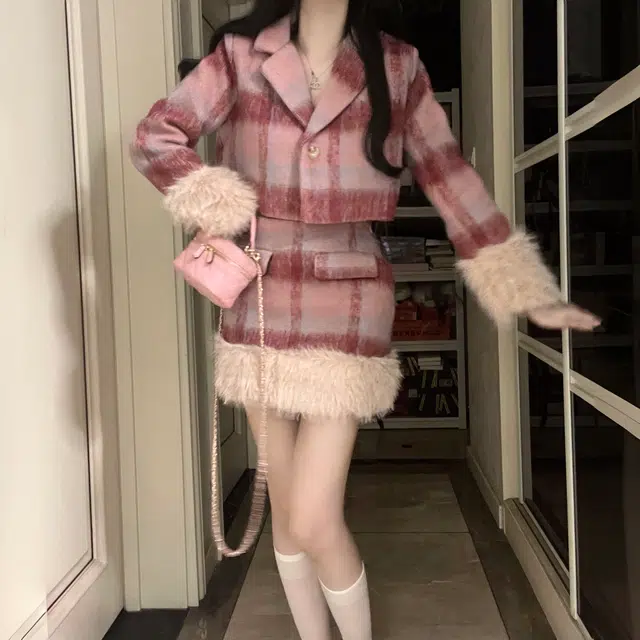 花山家的猫 复古小香风毛呢外套休闲短裙制服 女款 粉红色