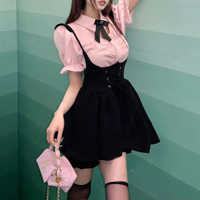 花山家的猫 纯色圆领超短款背带裙高腰修身泡泡短袖衬衫制服套装 女款