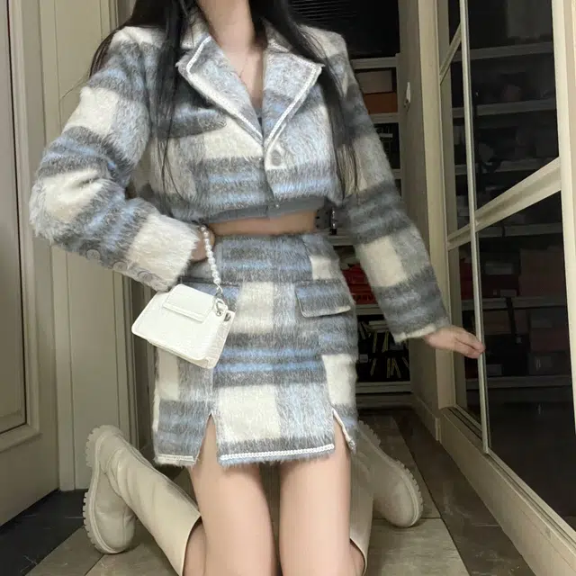 花山家的猫 小香风毛呢格子长袖外套格子短裙制服 女款