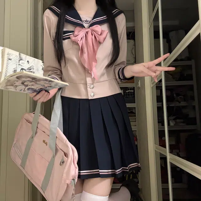 花山家的猫 海军领长袖水手服上衣百褶裙配领结制服 女款