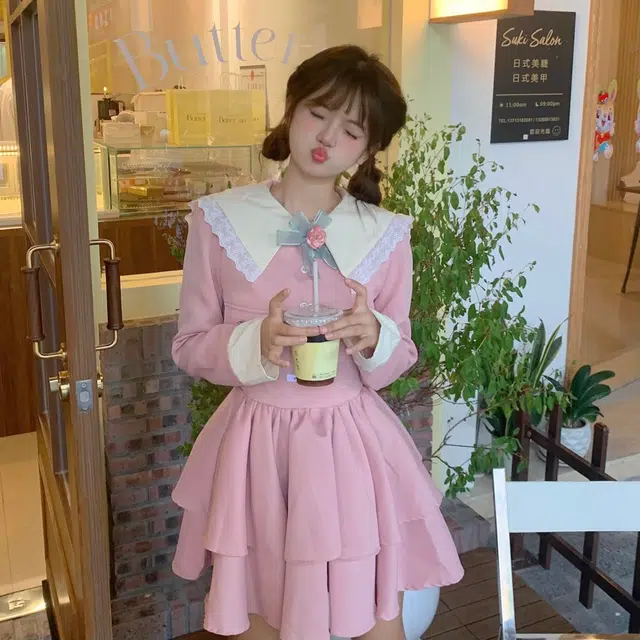 花山家的猫 拼色娃娃领单排扣短款外套收腰吊带连衣裙制服 女款 粉红色