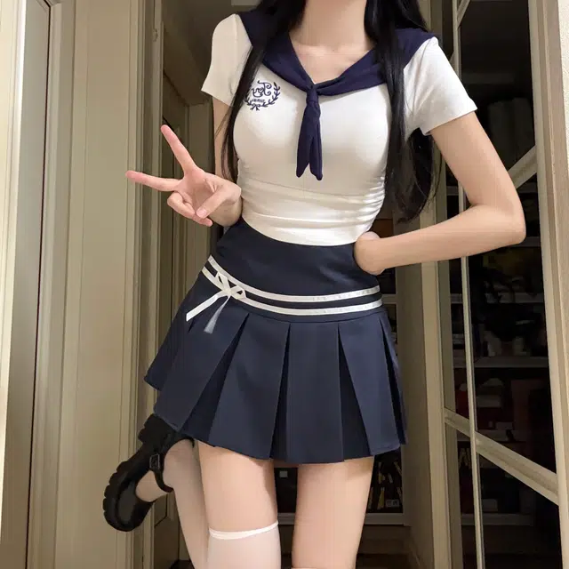 花山家的猫 学院风海军领刺绣短袖配高腰条纹裙制服 女款 藏青领白上衣/藏青百褶裙