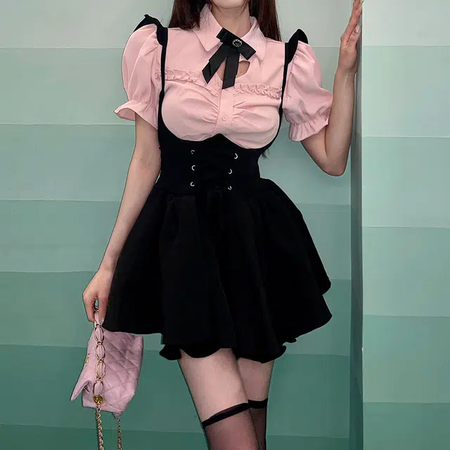 花山家的猫 纯色圆领超短款背带裙高腰修身泡泡短袖衬衫制服套装 女款
