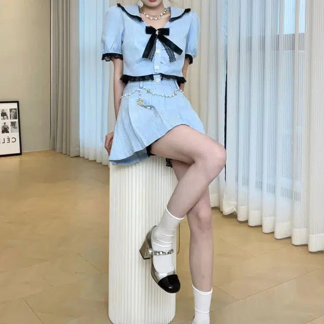 花山家的猫 小香风短袖衬衫百褶半身裙制服套装 女款