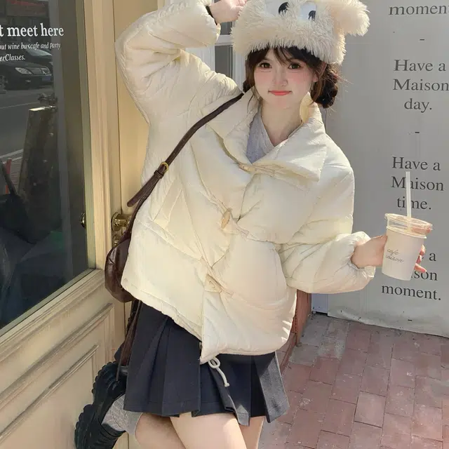花山家的猫 纯色加厚短款牛角扣棉服高腰百褶短裙制服 女款