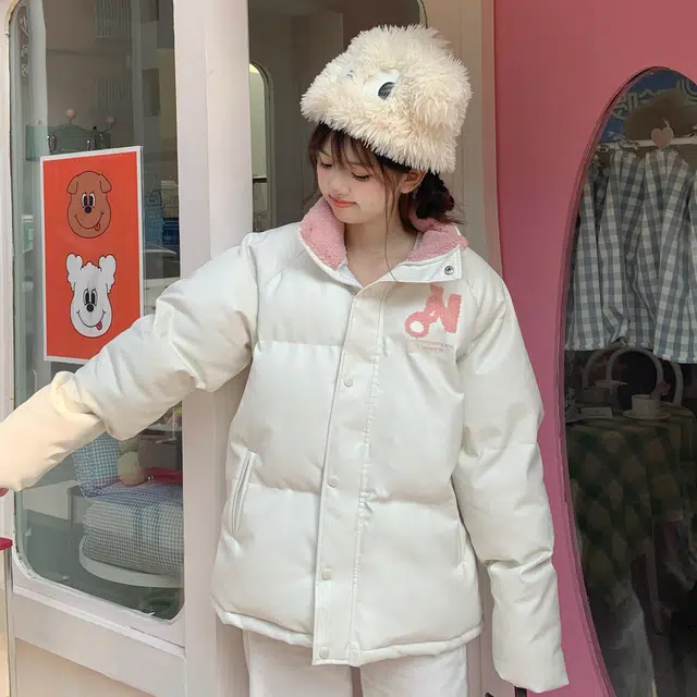花山家的猫 长袖拼接字母纯色立领插肩加厚棉服 女款 白粉