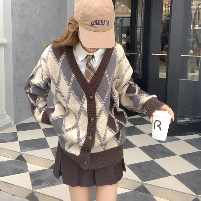 花山家的猫 排扣毛衣开衫长袖衬衫配格子领带制服 女款