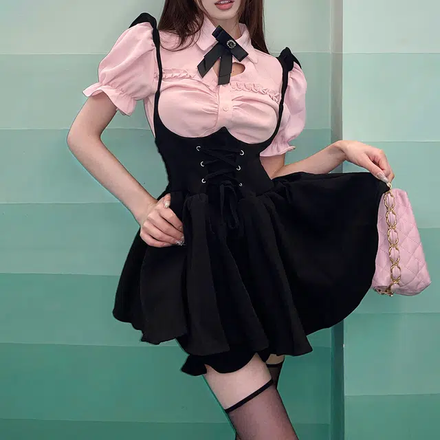 花山家的猫 纯色圆领超短款背带裙高腰修身泡泡短袖衬衫制服套装 女款