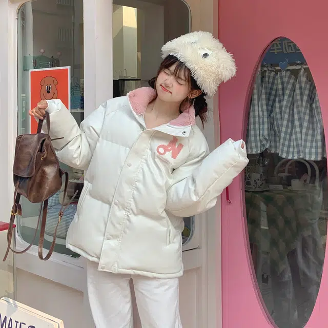 花山家的猫 长袖拼接字母纯色立领插肩加厚棉服 女款 白粉