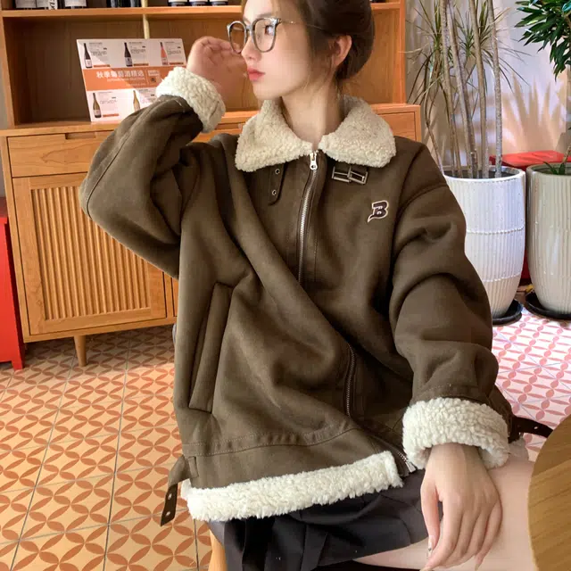 花山家的猫 复古立领机车风羊羔绒外套棉服 女款 棕色