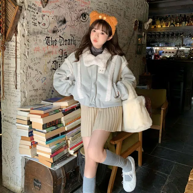 花山家的猫 复古羊羔毛拼接长袖厚款拉链夹克 女款 浅蓝色