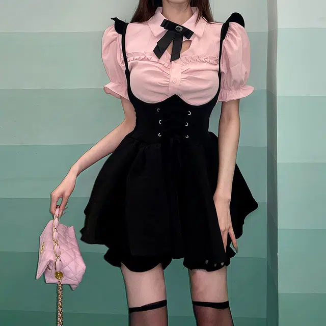 花山家的猫 纯色圆领超短款背带裙高腰修身泡泡短袖衬衫制服套装 女款