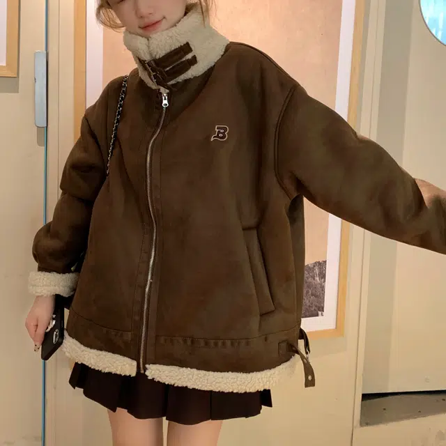 花山家的猫 复古立领机车风羊羔绒外套棉服 女款 棕色