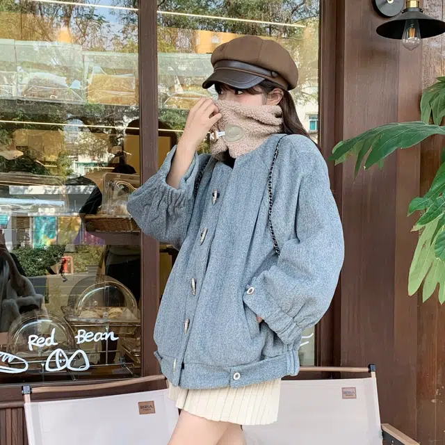 花山家的猫 拼色翻领牛角扣插肩袖加厚保暖夹克 女款 咖啡领灰色