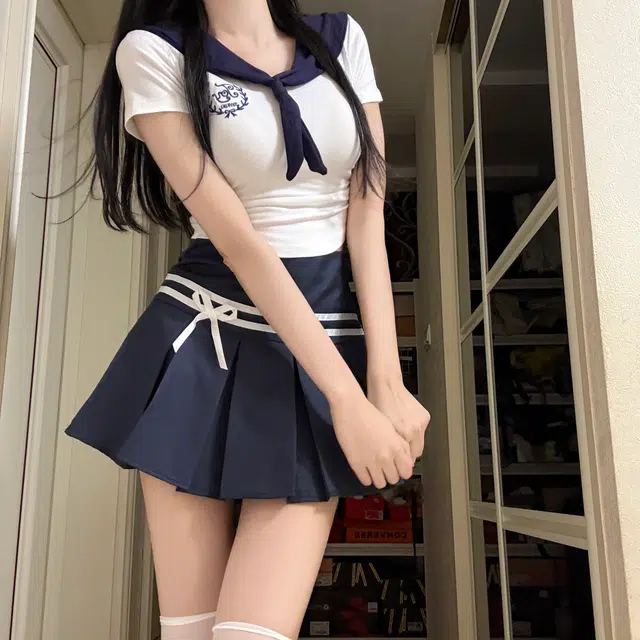 花山家的猫 学院风海军领刺绣短袖配高腰条纹裙制服 女款 藏青领白上衣/藏青百褶裙