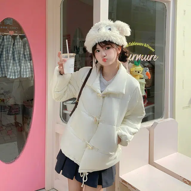 花山家的猫 纯色加厚短款牛角扣棉服高腰百褶短裙制服 女款