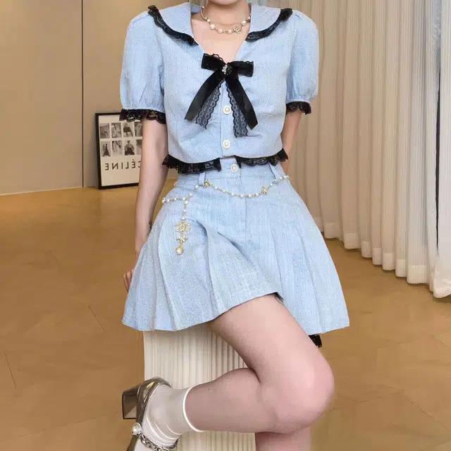 花山家的猫 小香风短袖衬衫百褶半身裙制服套装 女款