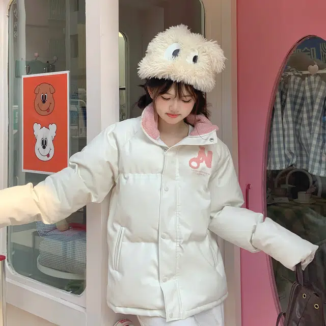 花山家的猫 长袖拼接字母纯色立领插肩加厚棉服 女款 白粉