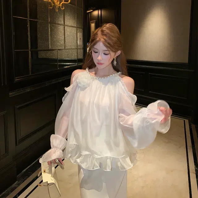 花山家的猫 韩系甜美花朵圆领荷叶花边袖挂脖缎面人鱼姬鱼尾裙裙装套装 女款
