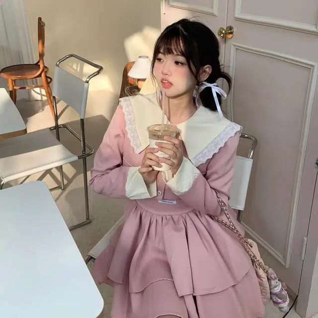 花山家的猫 拼色娃娃领单排扣短款外套收腰吊带连衣裙制服 女款 粉红色