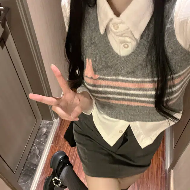 花山家的猫 学院风条纹针织毛衣衬衫包臀裙制服 女款 三件套