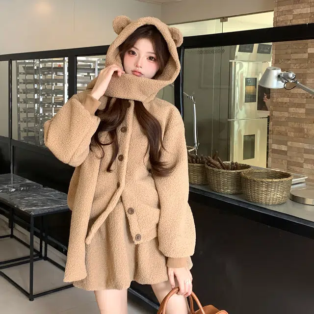 花山家的猫 纯色单排扣小熊连帽外套高腰花苞短裙制服 女款
