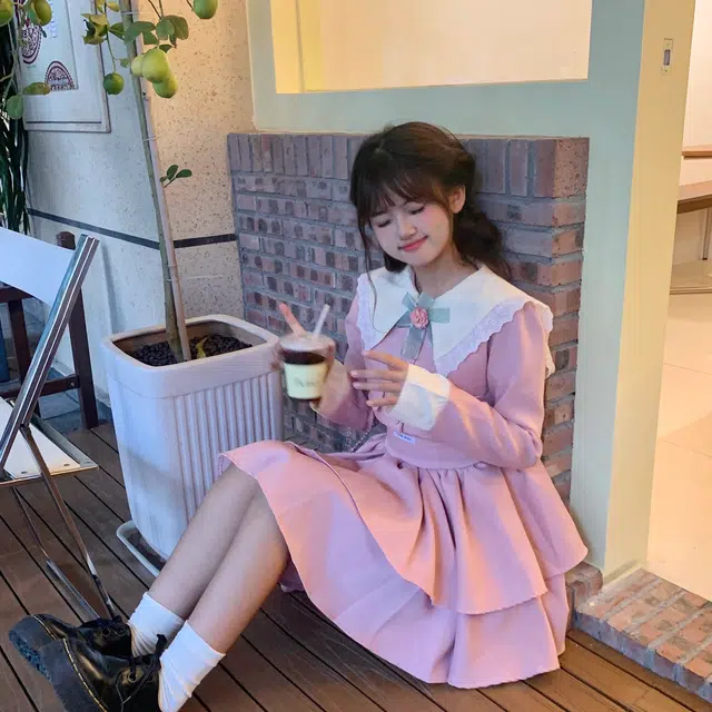 花山家的猫 拼色娃娃领单排扣短款外套收腰吊带连衣裙制服 女款 粉红色