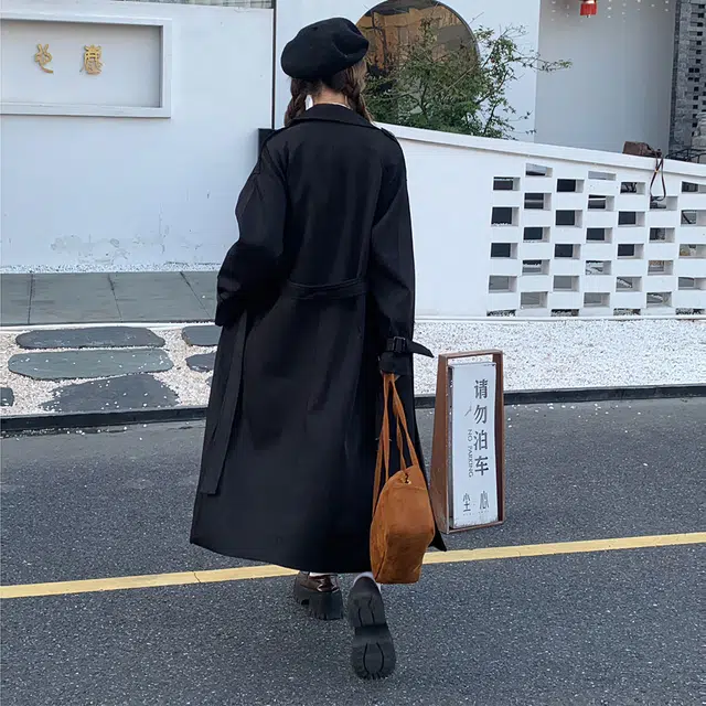 花山家的猫 纯色翻领双排扣黑色风衣长袖衬衫套头马甲短裙制服 女款