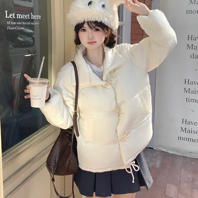 花山家的猫 纯色加厚短款牛角扣棉服高腰百褶短裙制服 女款