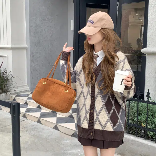 花山家的猫 排扣毛衣开衫长袖衬衫配格子领带制服 女款