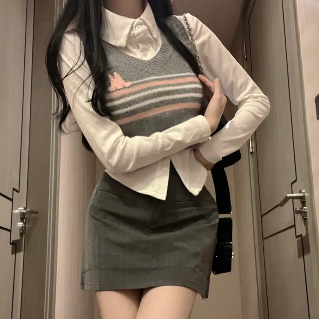 花山家的猫 学院风条纹针织毛衣衬衫包臀裙制服 女款 三件套