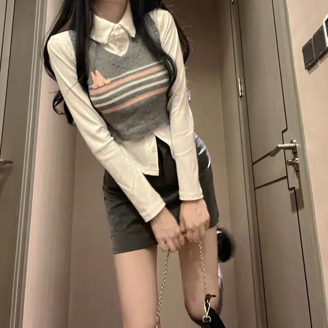 花山家的猫 学院风条纹针织毛衣衬衫包臀裙制服 女款 三件套