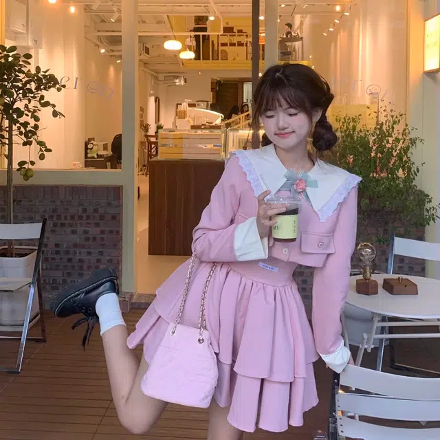 花山家的猫 拼色娃娃领单排扣短款外套收腰吊带连衣裙制服 女款 粉红色