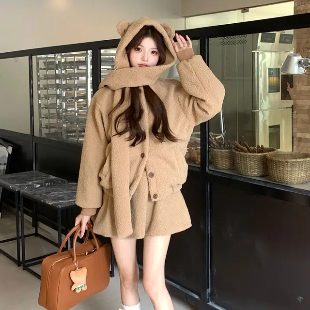花山家的猫 纯色单排扣小熊连帽外套高腰花苞短裙制服 女款