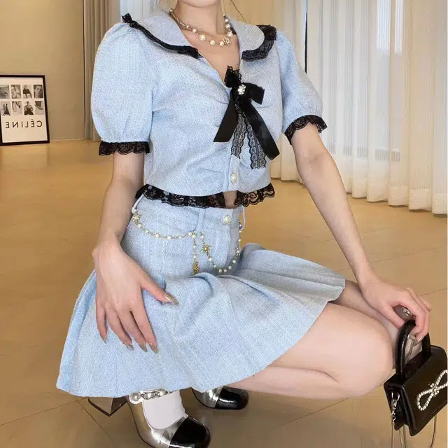 花山家的猫 小香风短袖衬衫百褶半身裙制服套装 女款