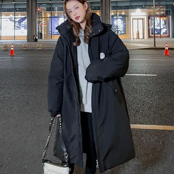 豹了个猫 中长款面包服工装复古港风长袖棉服 女款 黑色