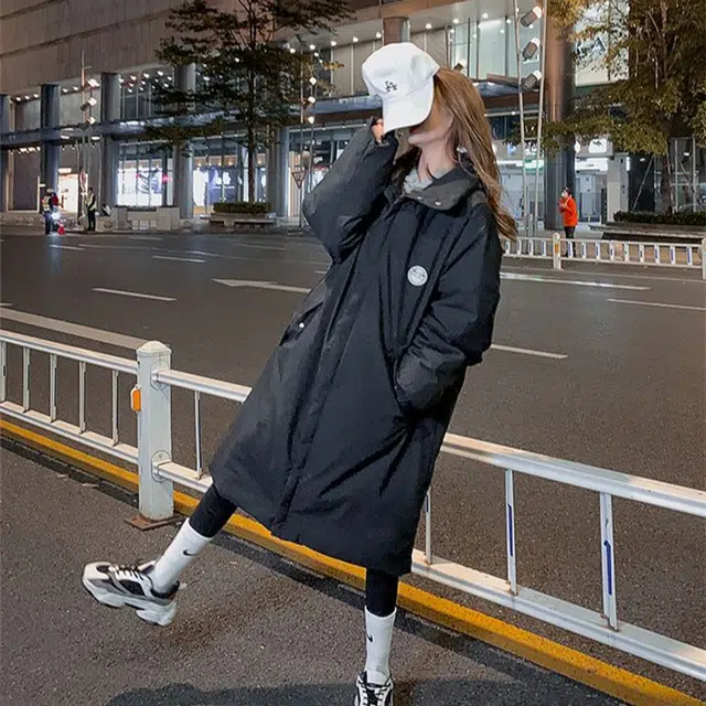 豹了个猫 中长款面包服工装复古港风长袖棉服 女款 黑色