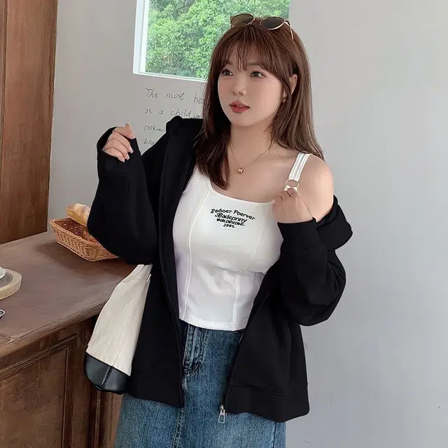 惟友 大码胖妹妹秋装纯色落肩袖长袖连帽宽松型百搭风卫衣 女款