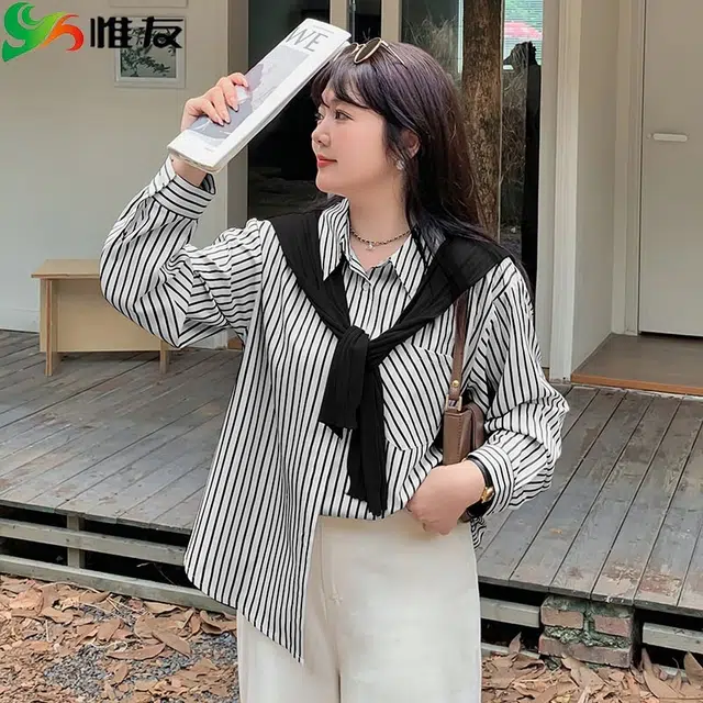 惟友 大码女装上衣秋款秋装胖妹妹显瘦胖女孩穿搭胖女生条纹披肩衬衫 女款
