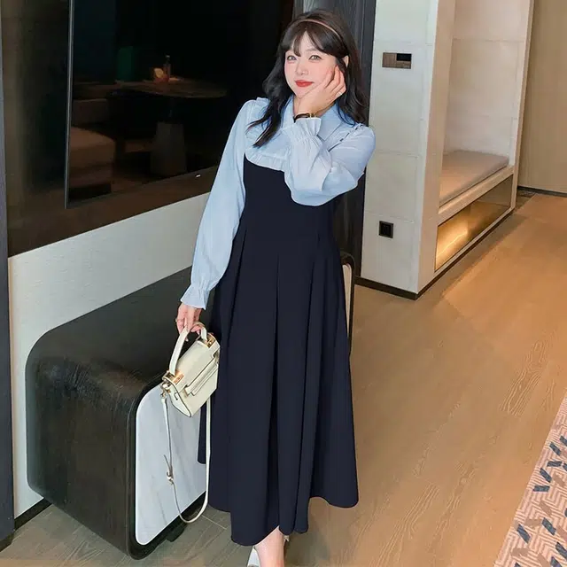 惟友 胖女生显瘦连衣裙胖妹妹女装大码秋装秋款胖女孩穿搭裙子胖人假两件裙 女款 法式复古甜美气质文艺氛围感