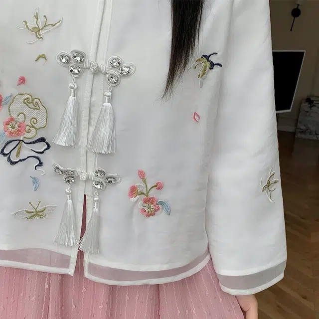 惟友 胖女生穿搭胖女孩胖妹妹显瘦女装国风衬衫 大码秋装秋款氛围感刺绣盘扣亮片小衫 女款