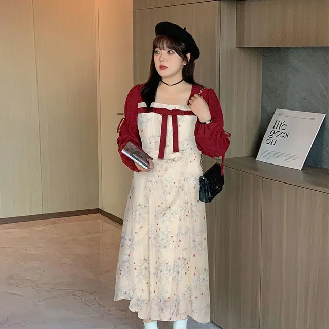 惟友 胖女生显瘦连衣裙胖妹妹女装大码秋装秋款裙子胖女孩穿搭碎花裙 女款 中国风方领优雅改良舒适汉服