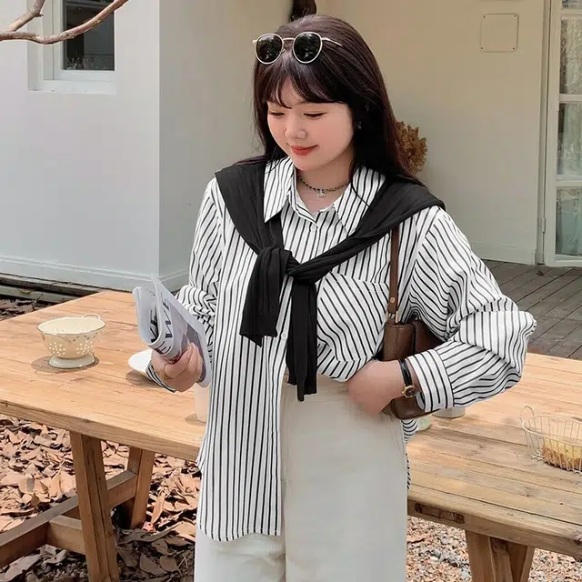惟友 大码女装上衣秋款秋装胖妹妹显瘦胖女孩穿搭胖女生条纹披肩衬衫 女款