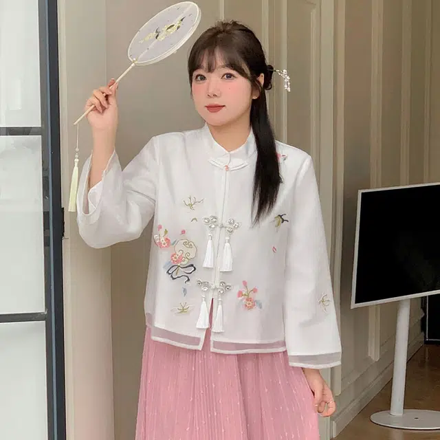 惟友 胖女生穿搭胖女孩胖妹妹显瘦女装国风衬衫 大码秋装秋款氛围感刺绣盘扣亮片小衫 女款