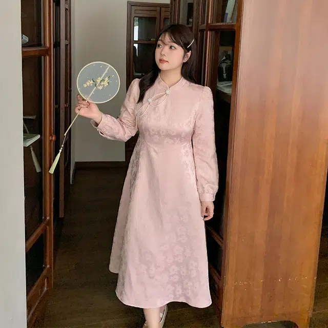 惟友 胖妹妹显瘦女装大码胖女生连衣裙秋装胖女孩穿搭裙子秋款旗袍裙 女款 新中式国风优雅提花