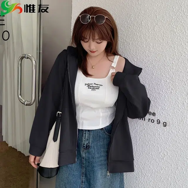 惟友 大码胖妹妹秋装纯色落肩袖长袖连帽宽松型百搭风卫衣 女款