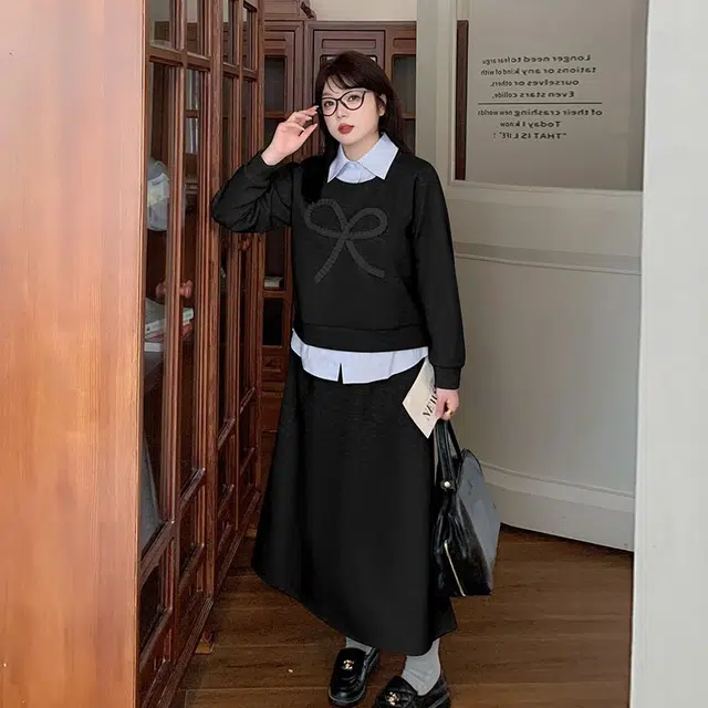 惟友 胖女生秋款秋装胖女孩显瘦穿搭胖妹妹胖人减龄气质学院风宽松显瘦卫衣半身裙大码女装套装 女款
