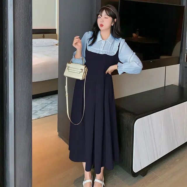 惟友 胖女生显瘦连衣裙胖妹妹女装大码秋装秋款胖女孩穿搭裙子胖人假两件裙 女款 法式复古甜美气质文艺氛围感